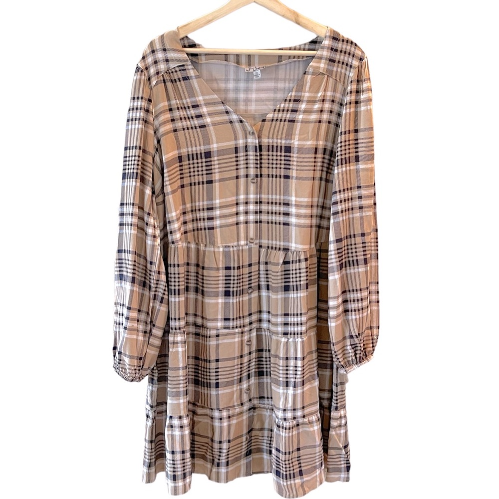Plaid Flannel Button Long Sleeve Dress Cream Tan Brown Fall